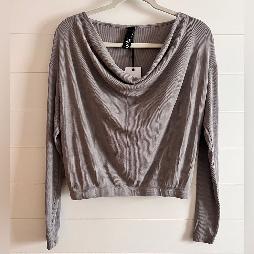 Bobi Los Angeles Cowl Neck Ribbed Long Sleeve Elastic Hem Tee Gray Grey Small